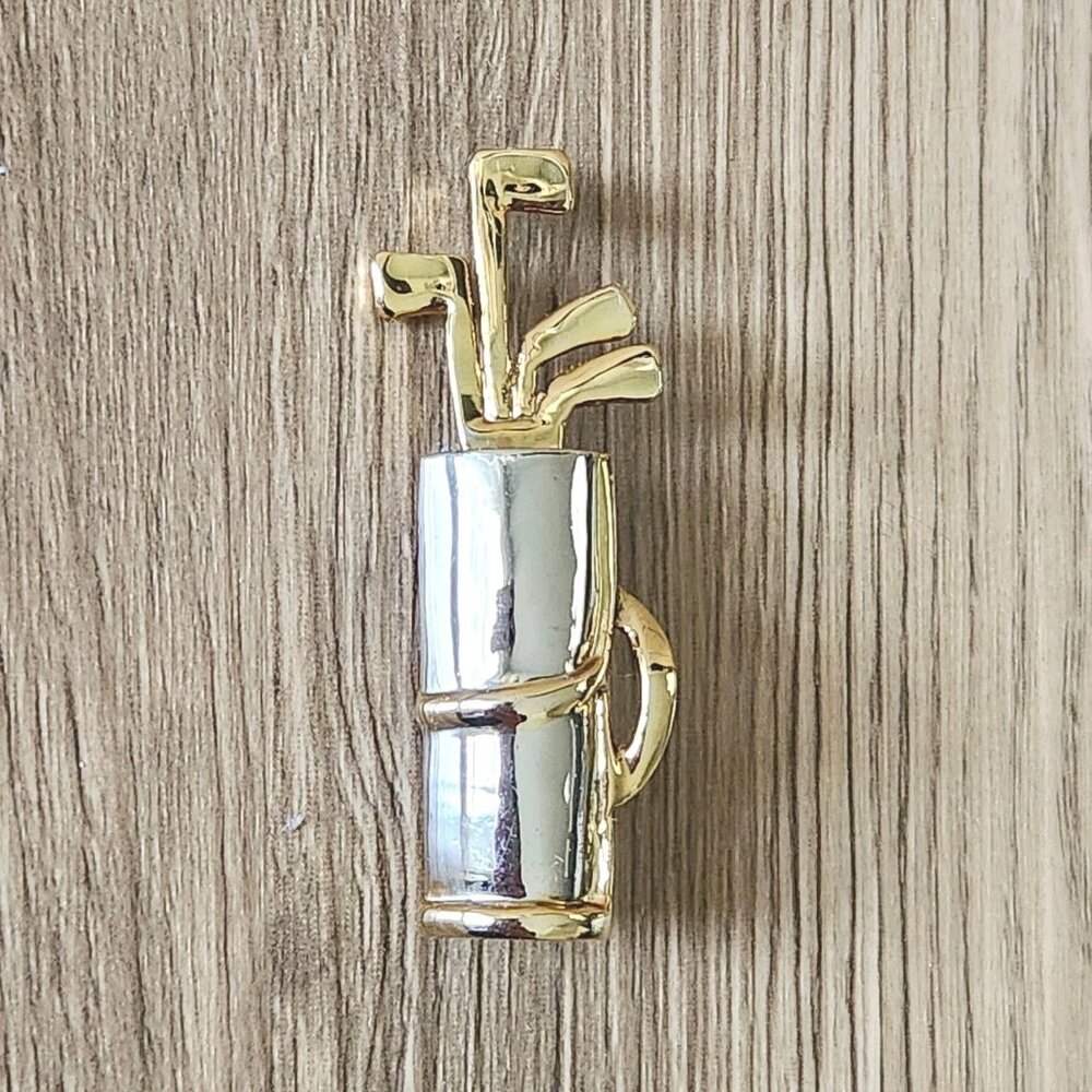 Vintage Gold & Silver Tone Golf Club Bag Brooch Sports Golfing Jewelry 2"